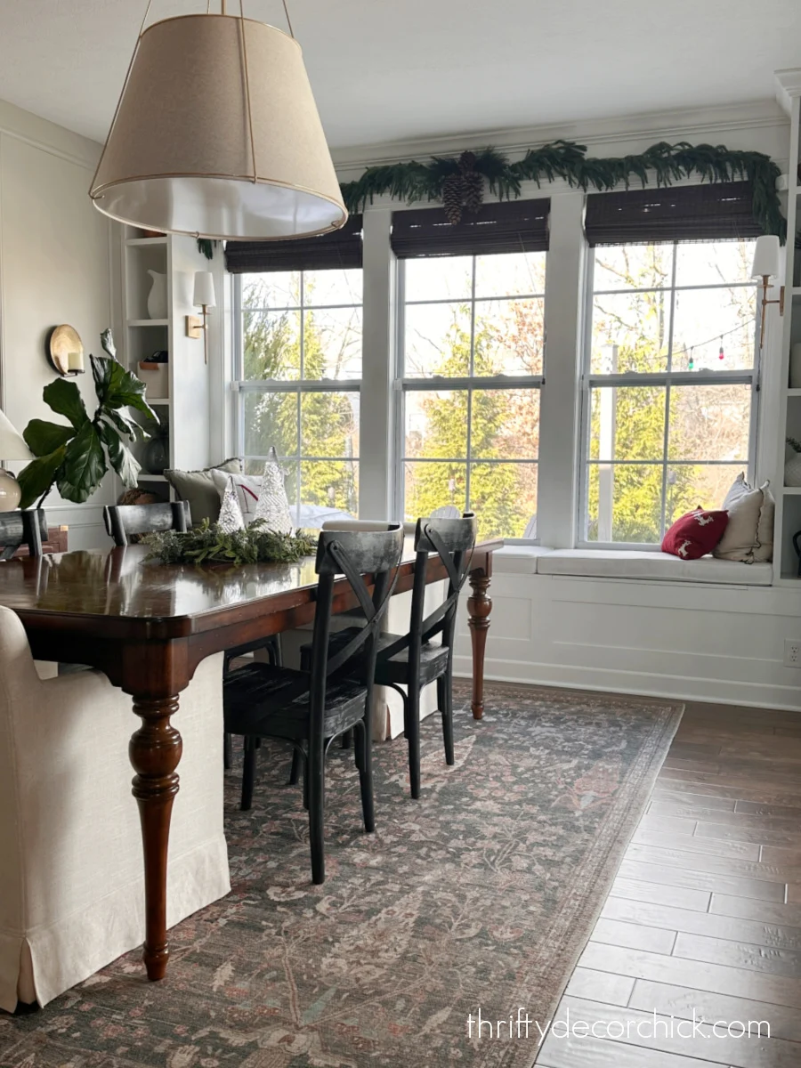 pine garland over window seat